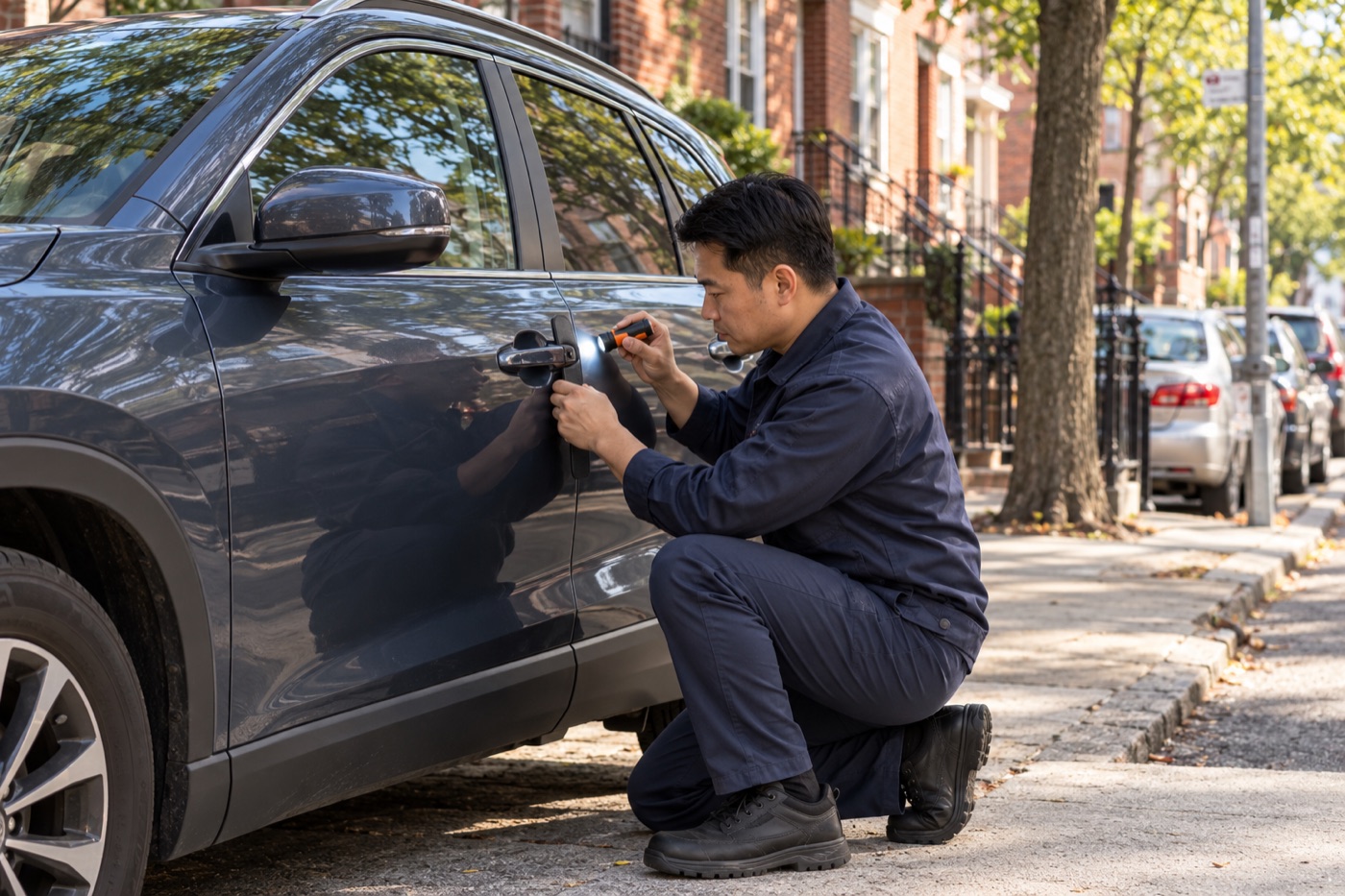 华裔开锁师傅在纽约住宅街检查常见中型 SUV 的驾驶员侧车门
